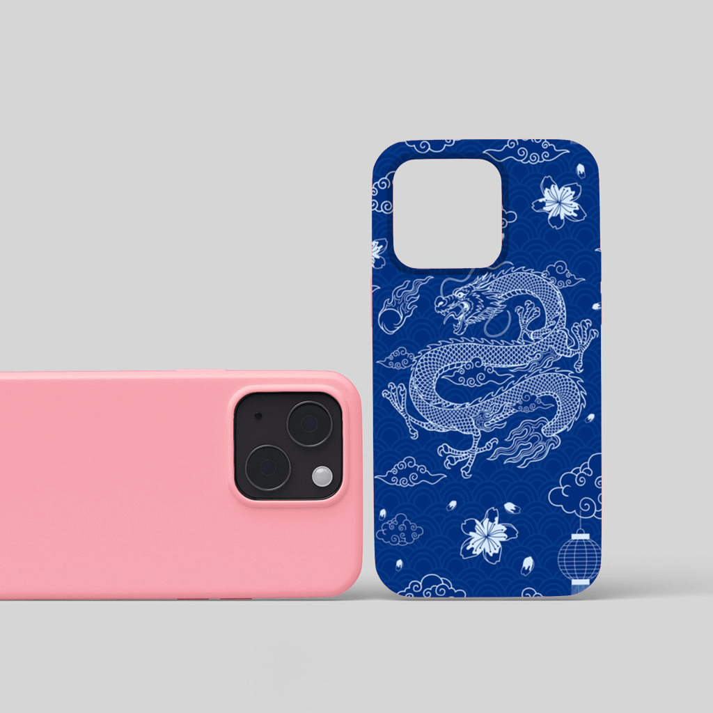 Traditional Dragon Pattern on Blue Background iPhone 15 and Plus Case