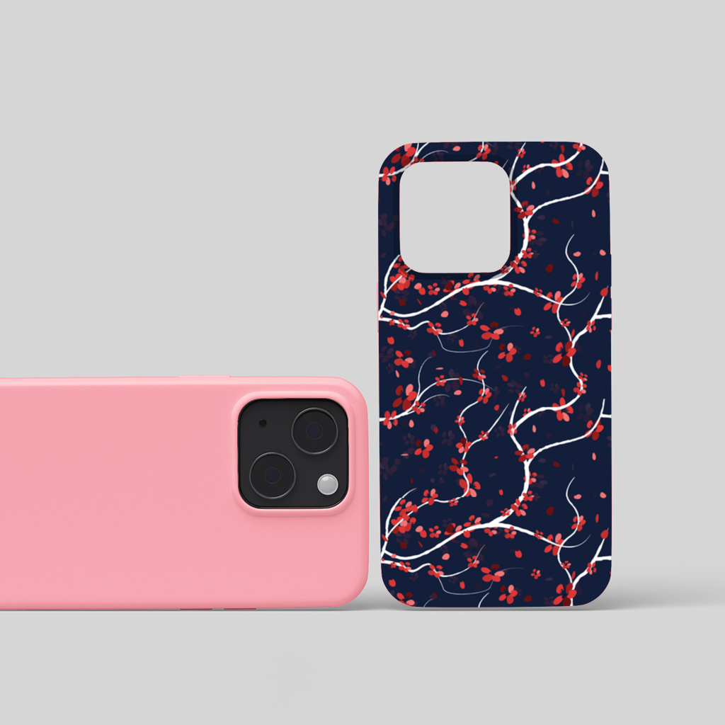 Red Floral Branch Pattern on Navy Background iPhone 15 and Plus Case