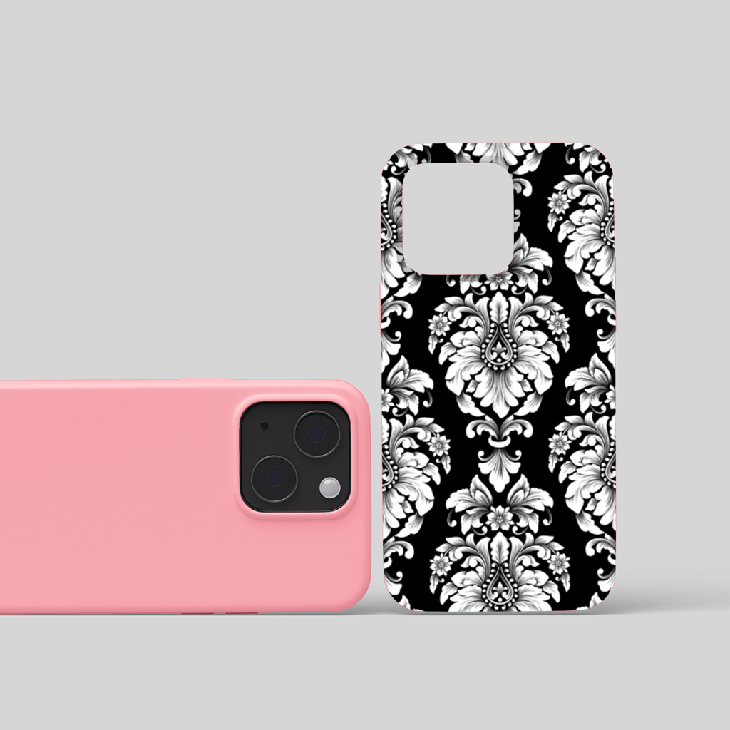 Black and White Baroque Floral Pattern iPhone 15 and Plus Case