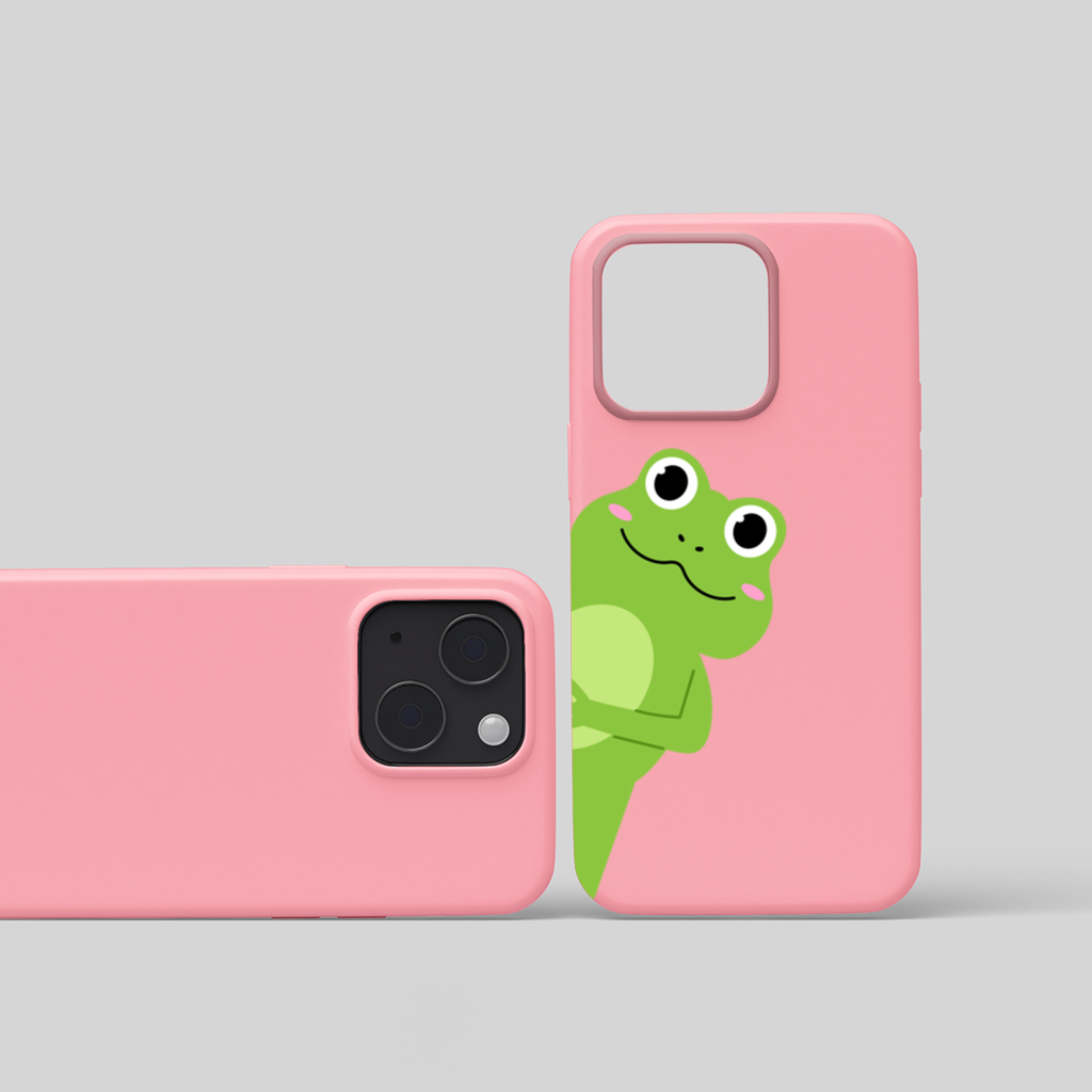 Cute Green Frog Peek-a-Boo Illustration iPhone 15 and Plus Case