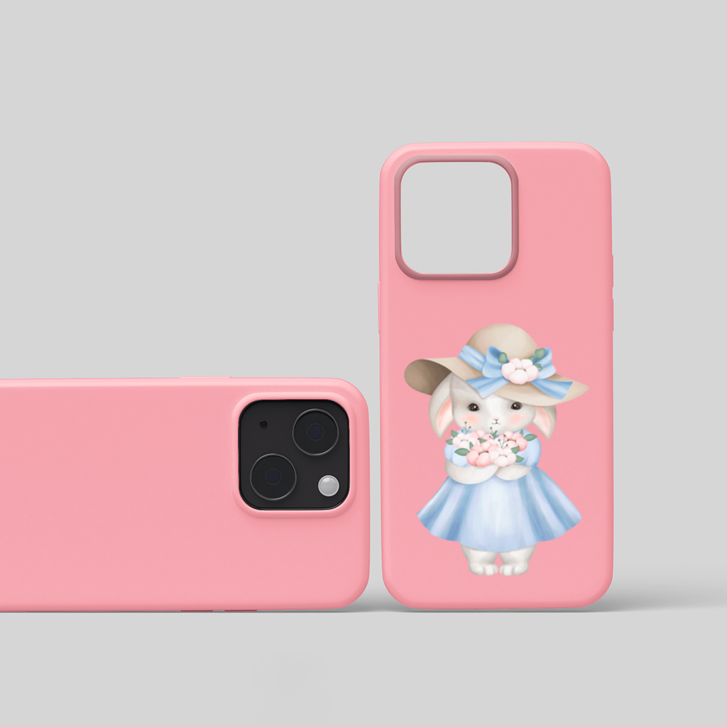 Cute Bunny with Hat Holding Flowers iPhone 15 and Plus Case