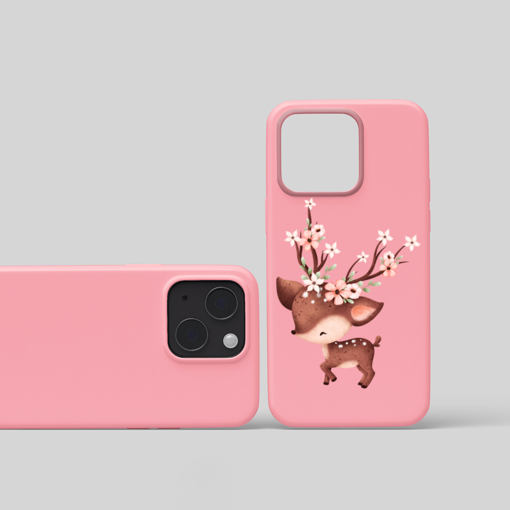 Çiçekli Boynuzlu Sevimli Yavru Geyik iPhone 15 ve Plus Kılıfı