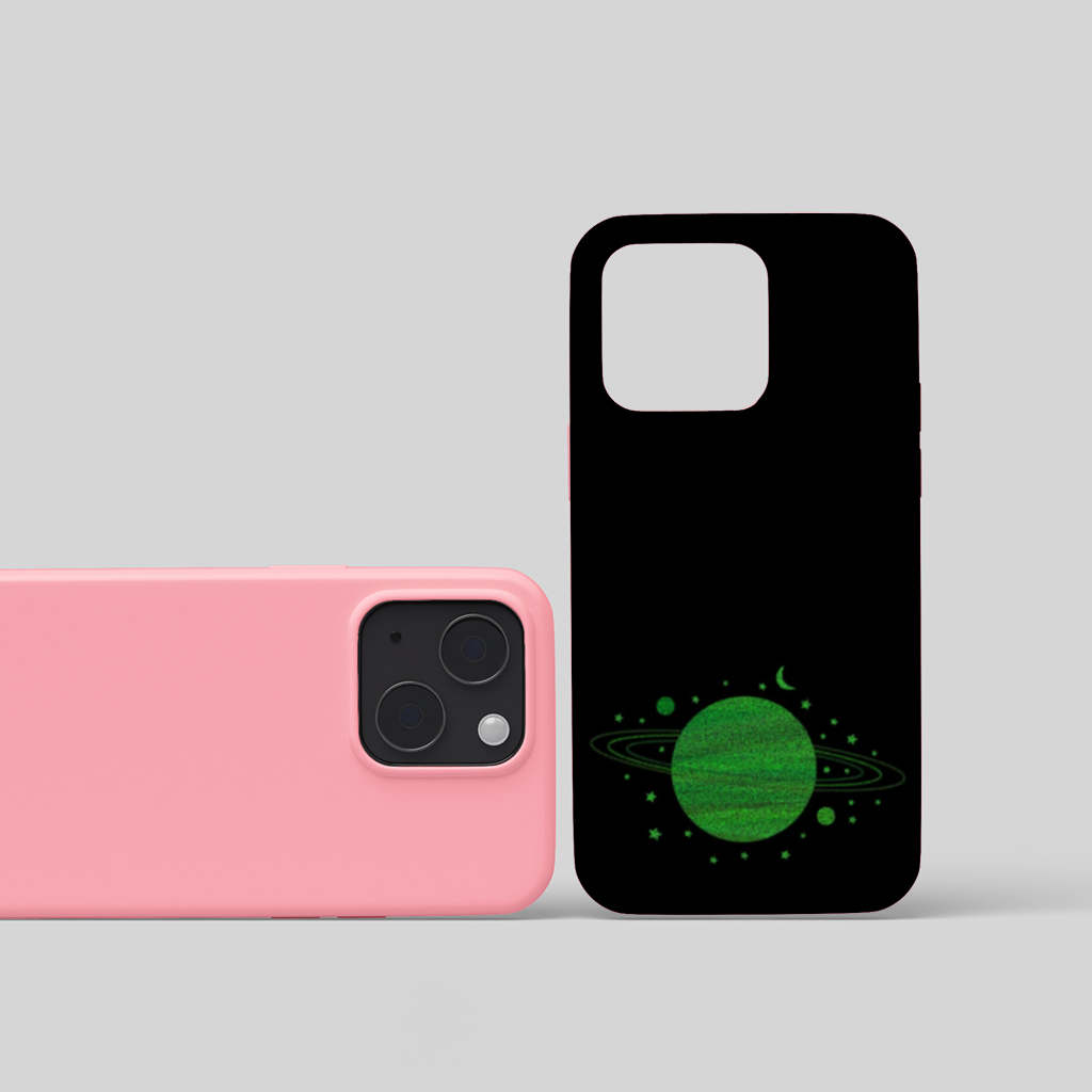 Green planets on a black background. iPhone 15 and Plus Case