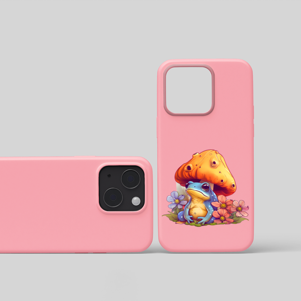 Blue Frog Resting Under Orange Mushroom iPhone 15 and Plus Case