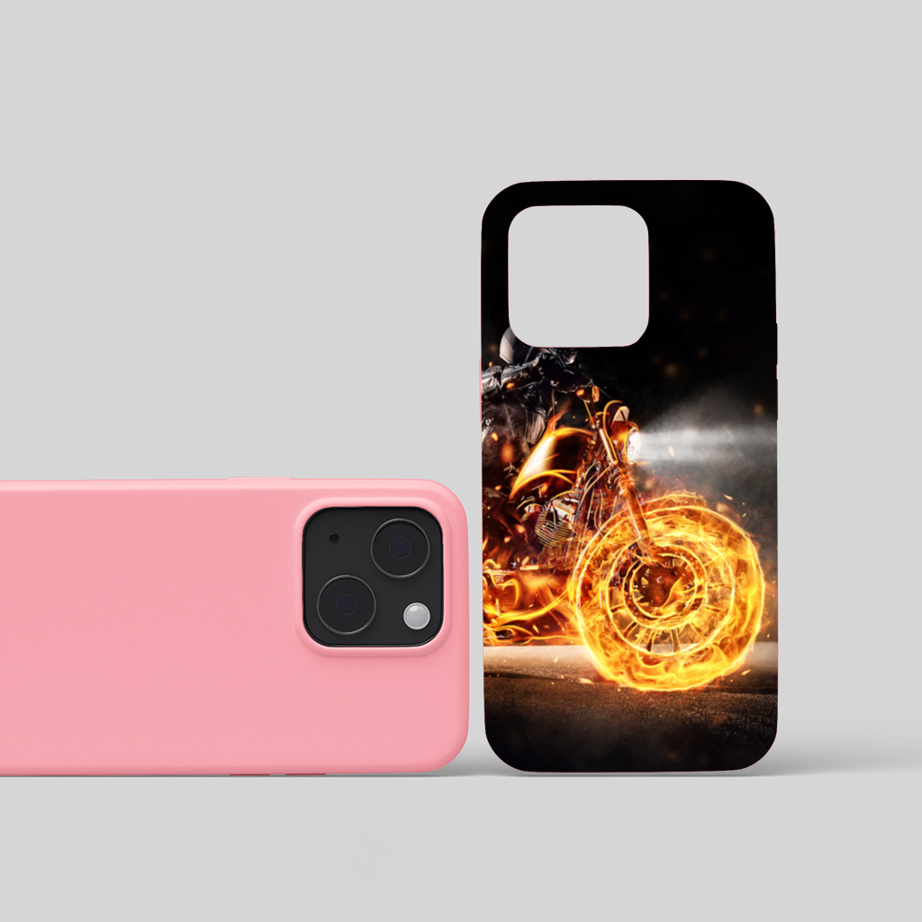 Flaming Motorcycle Rider Night iPhone 15 and Plus Case