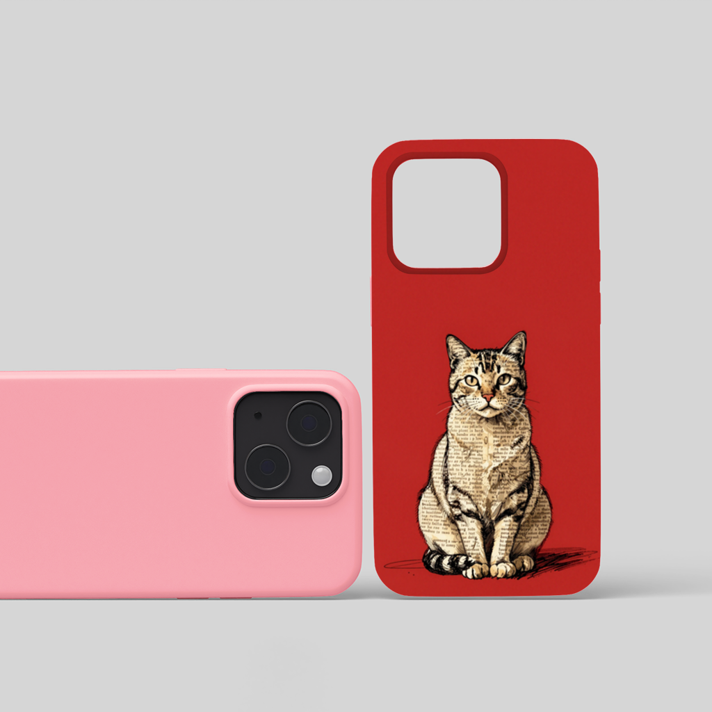 Newsprint Collage Tabby Cat on Red iPhone 15 and Plus Case