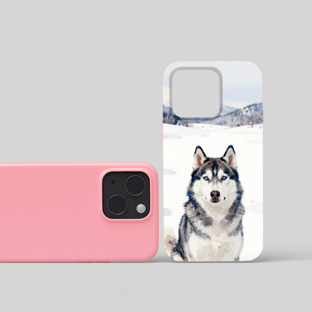 Watercolor Siberian Husky in Snowy Mountains iPhone 15 and Plus Case