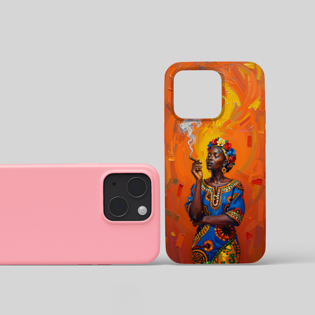 African Woman with Cigar and Floral Crown iPhone 15 and Plus Case
