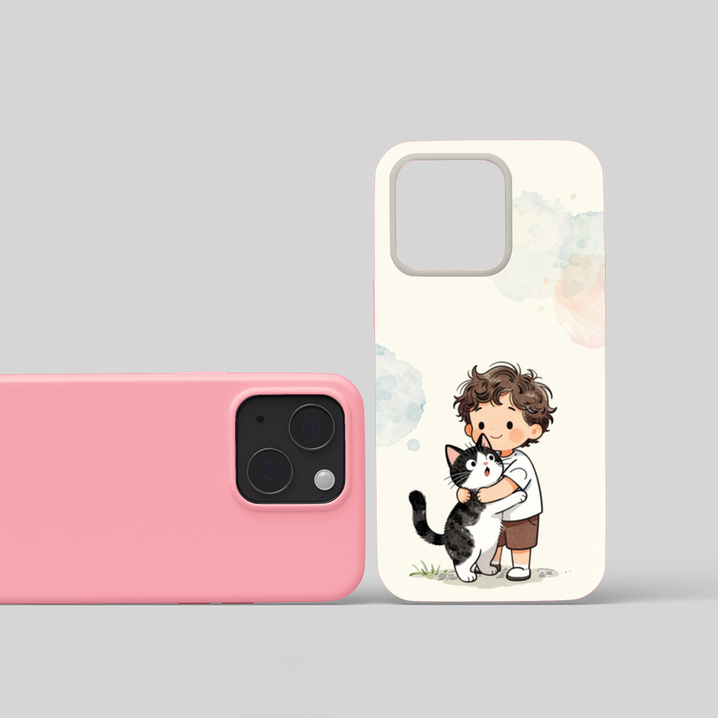 Boy Hugging Tuxedo Cat Charcoal iPhone 15 and Plus Case