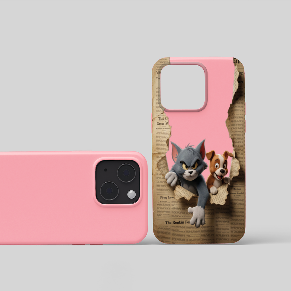 Angry Cat and Happy Puppy Peeking Through Paper iPhone 15 and Plus Case