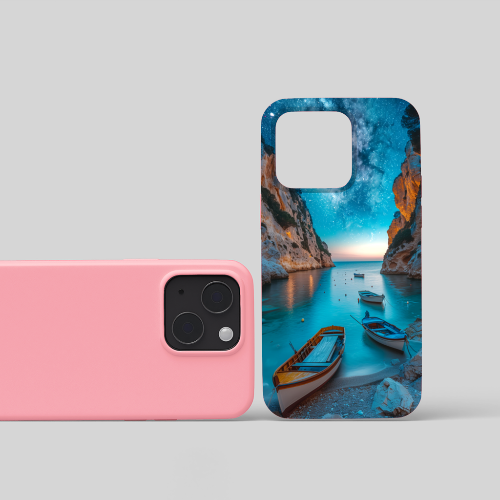 Starry Night Over Ocean Bay and Rowboats iPhone 15 and Plus Case