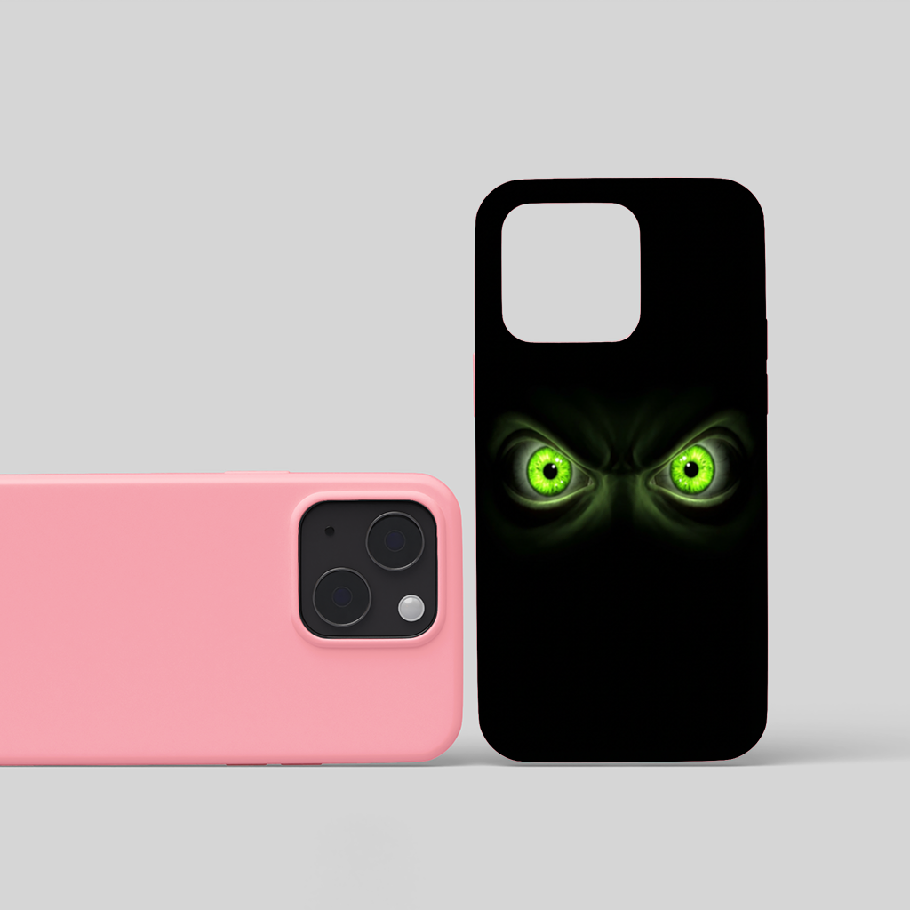 Glowing Green Monster Eyes in Darkness iPhone 15 and Plus Case