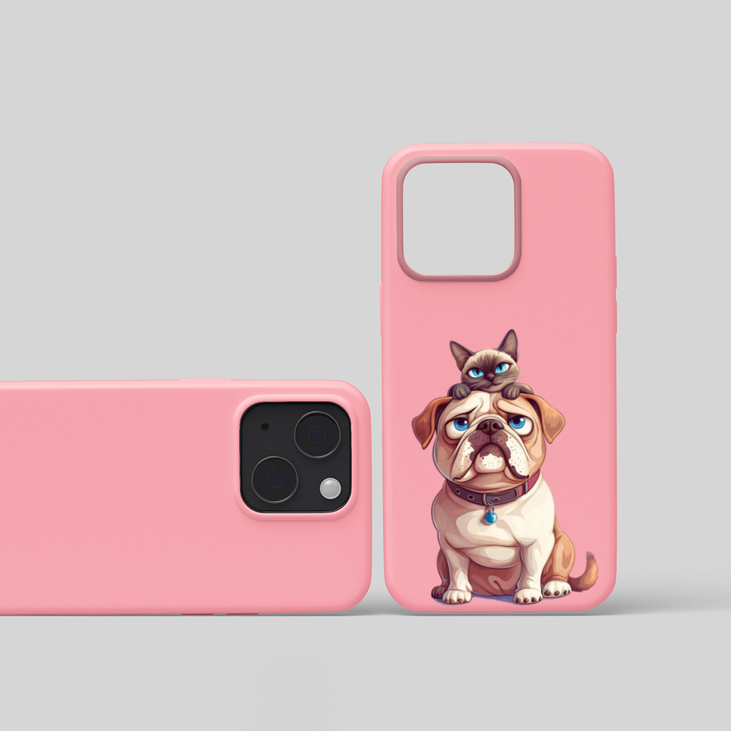 Sad Pug with Siamese Cat on Head iPhone 15 and Plus Case