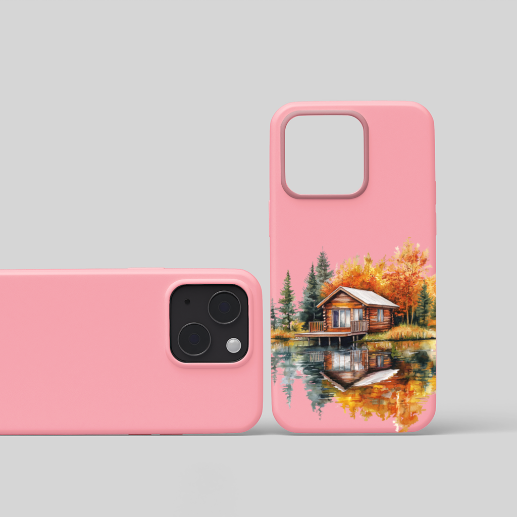 Lakeside Log Cabin Autumn Landscape iPhone 15 and Plus Case