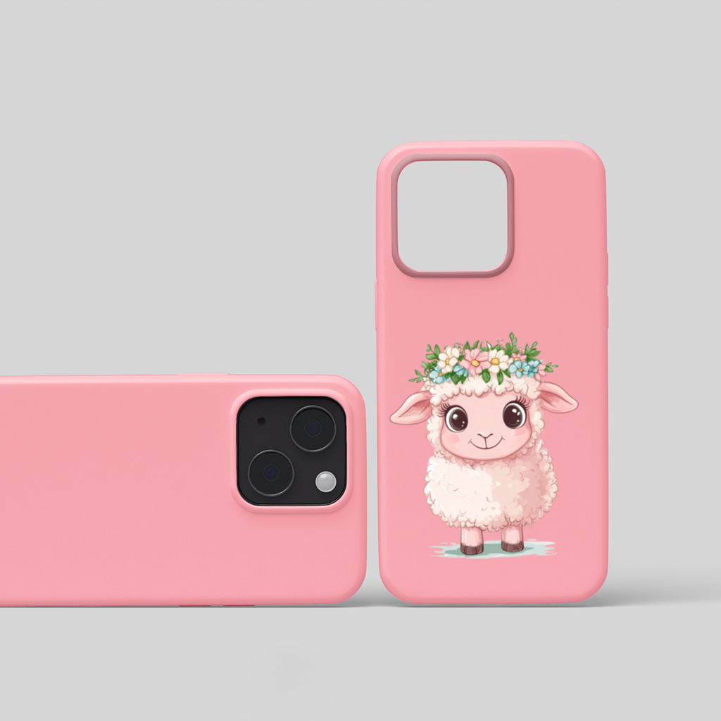 Kawaii Çiçek Taçlı Pembe Kuzu iPhone 15 ve Plus Kılıfı