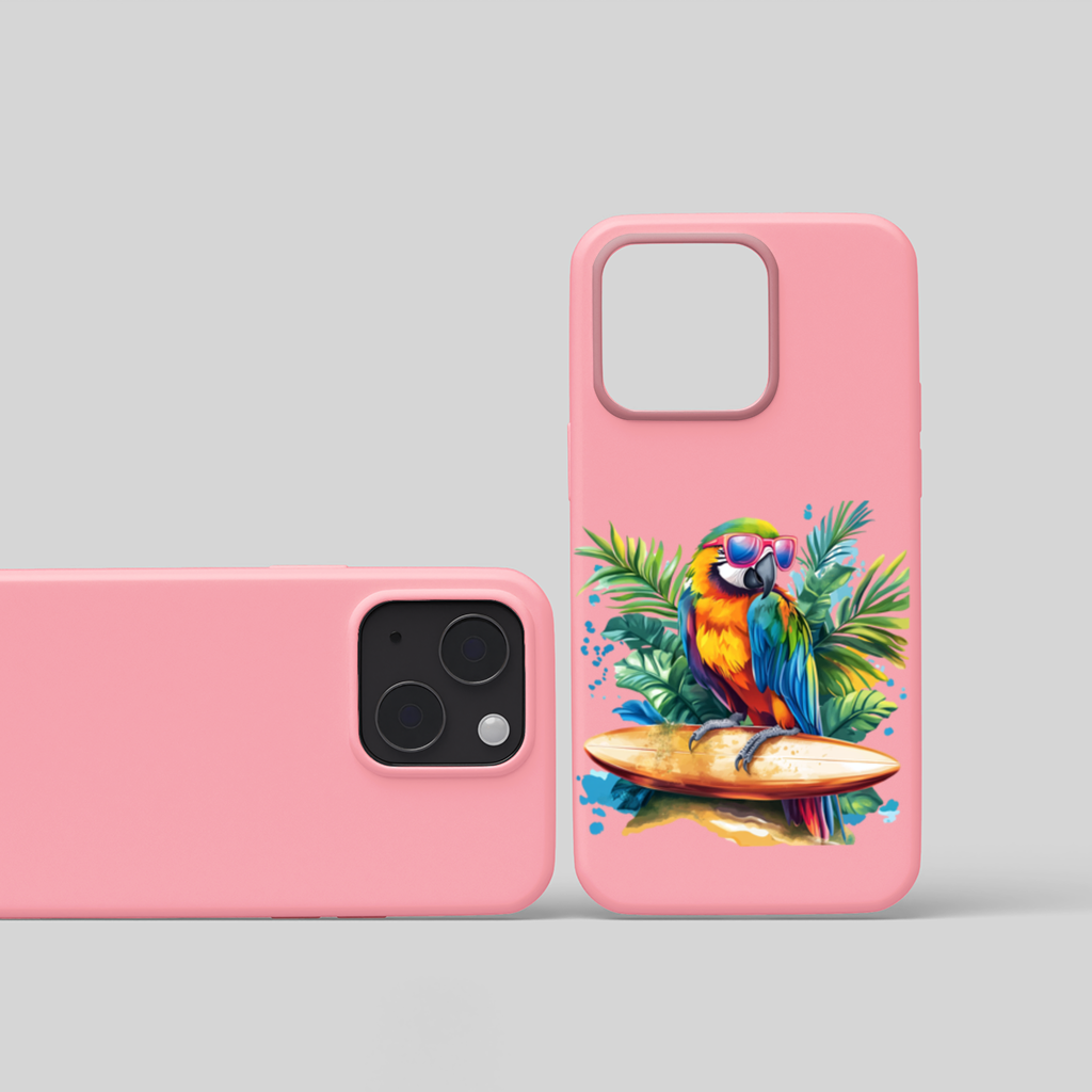 Surfing Parrot with Pink Sunglasses iPhone 15 and Plus Case