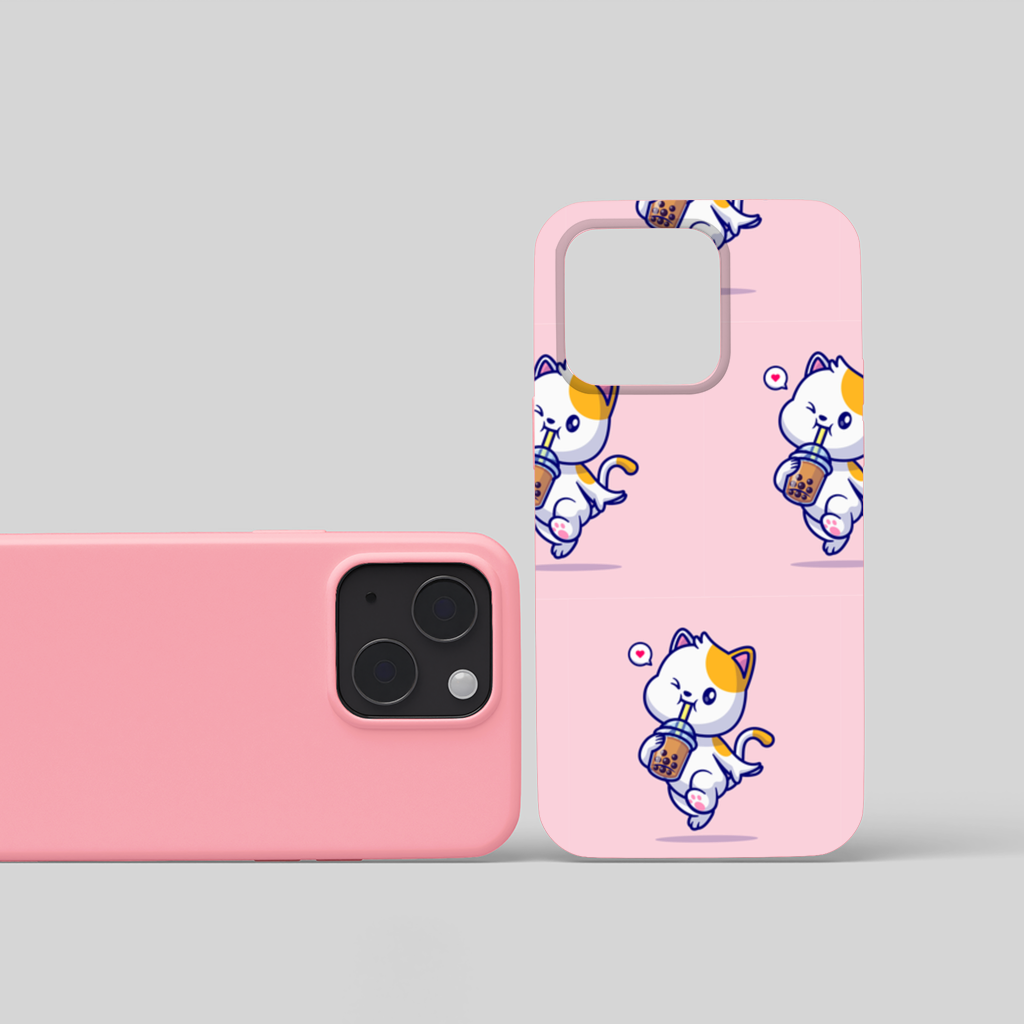 Boba Çayı İçen Kawaii Kedi iPhone 15 ve Plus Kılıfı