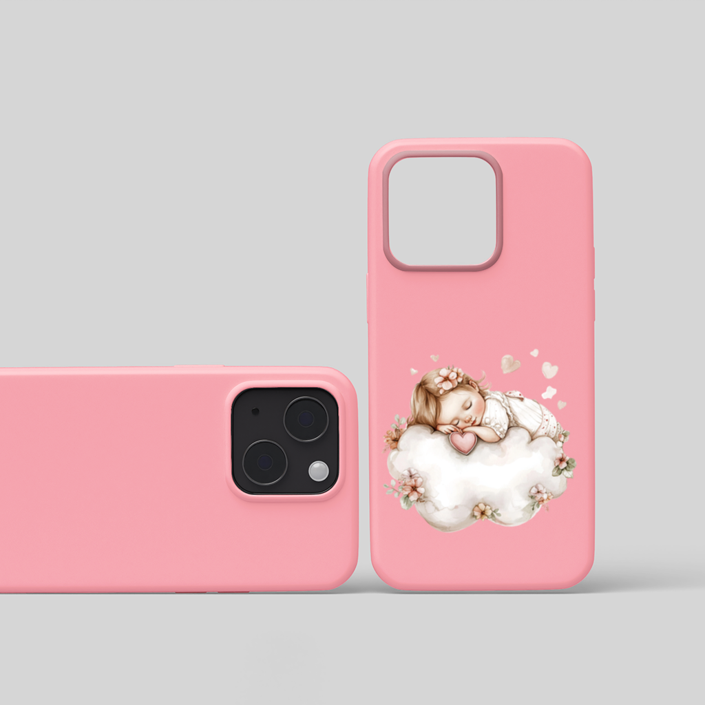 Bulut Üstünde Uyuyan Çiçekli Bebek iPhone 15 ve Plus Kılıfı