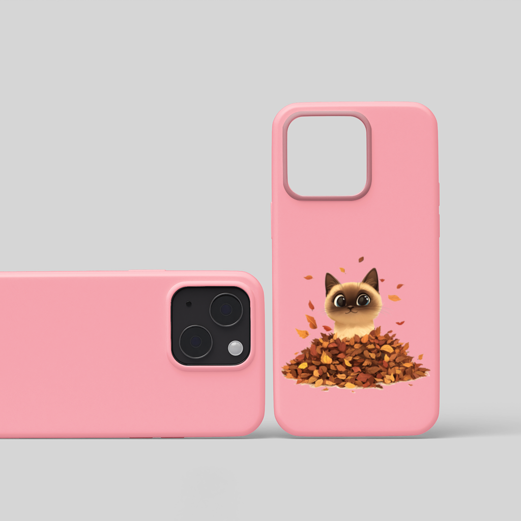Siamese Cat in Autumn Leaf Pile iPhone 15 and Plus Case