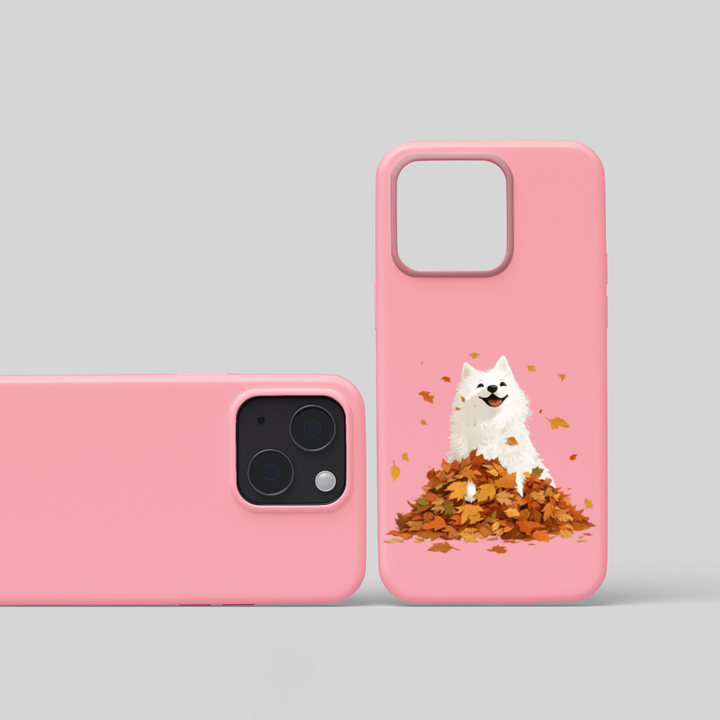Happy White Dog in Autumn Leaves iPhone 15 and Plus Case