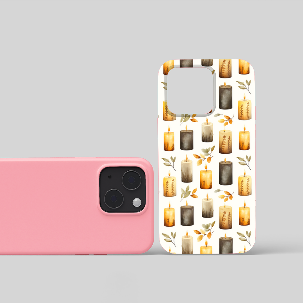 Warm Neutral Autumn Candles and Leaves iPhone 15 Plus Case