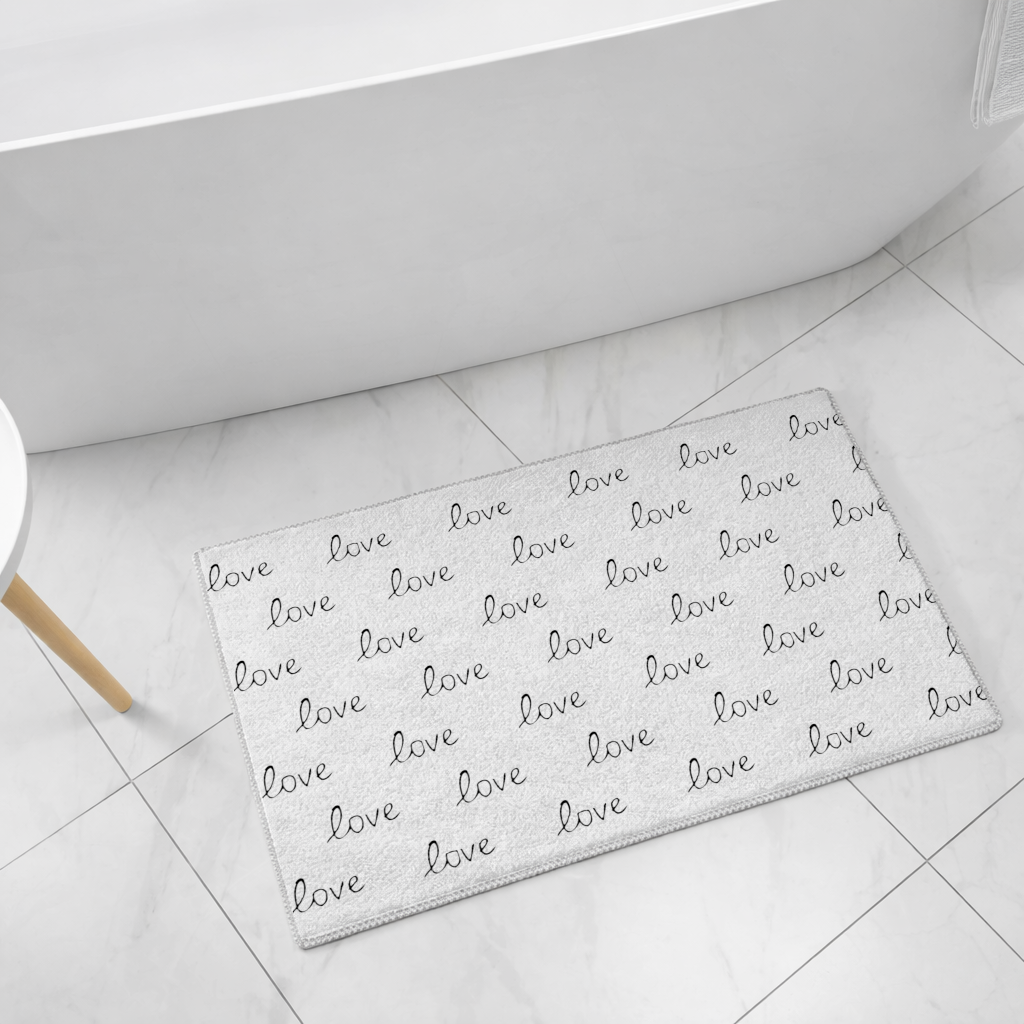 Minimal Black and White Love Text Pattern Design Bath Mat