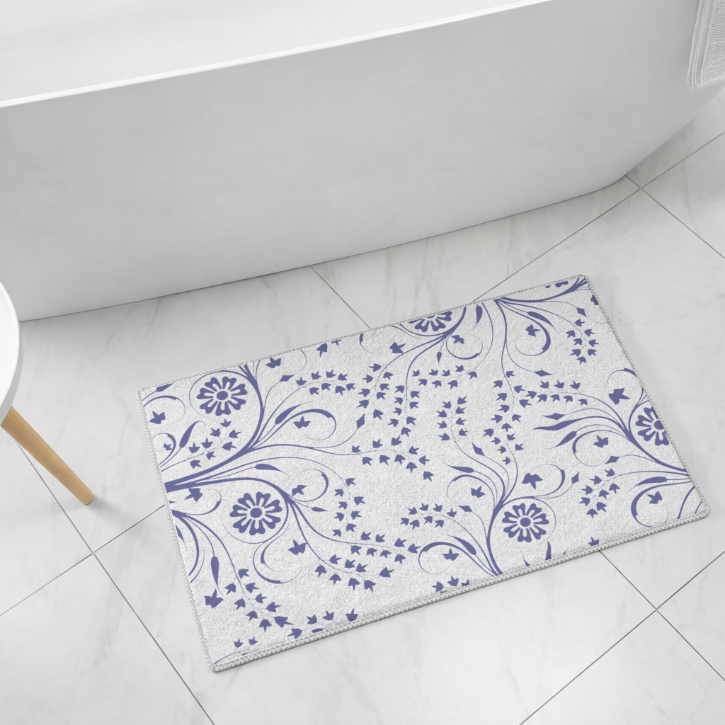 Blue White Vintage Floral Pattern Bath Mat