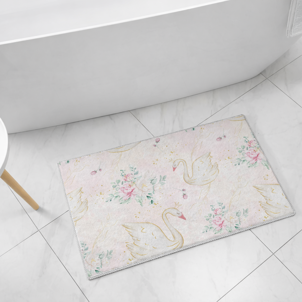 Pastel Watercolor Swan Floral Pattern Bath Mat