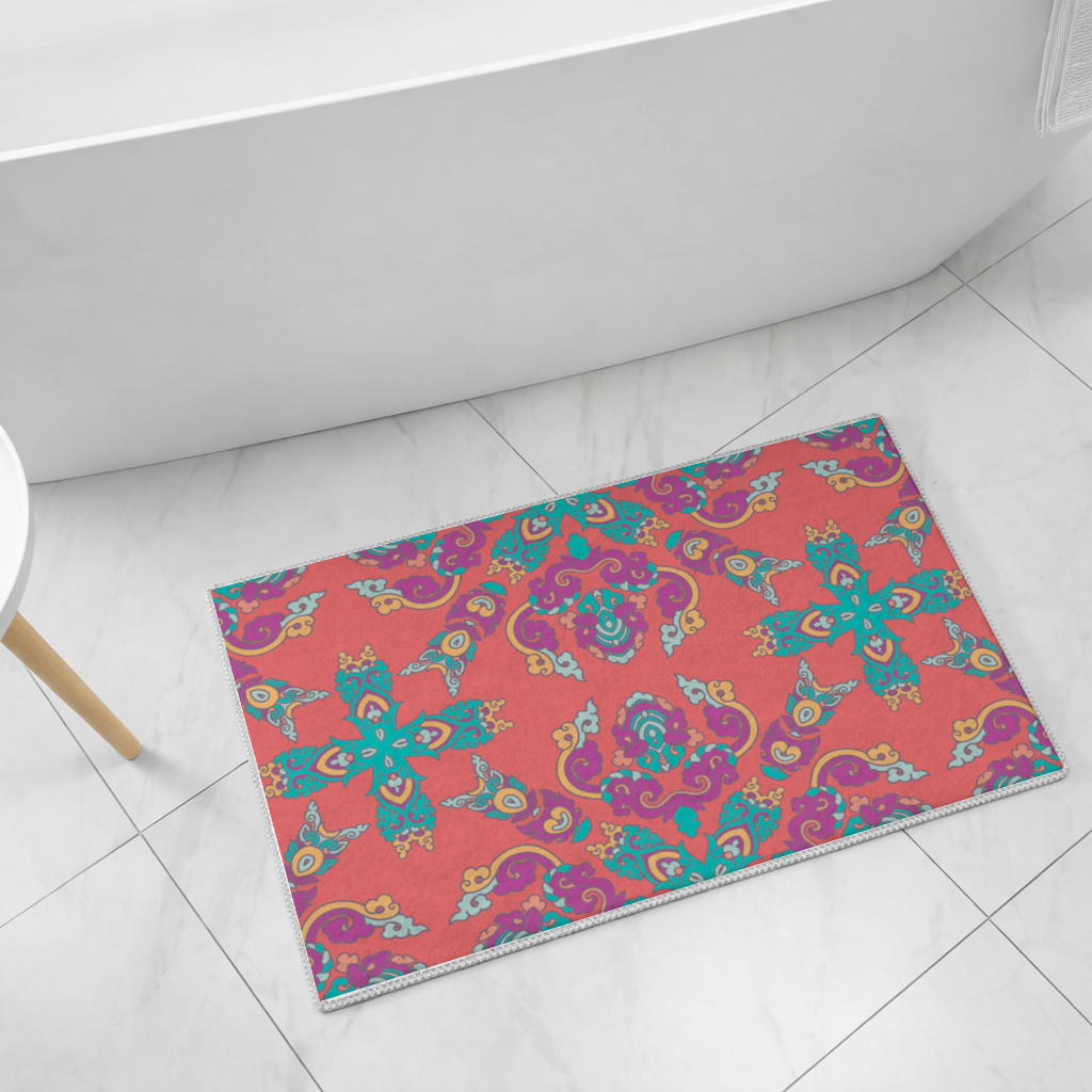Vibrant Red Oriental Mandala Pattern Bath Mat