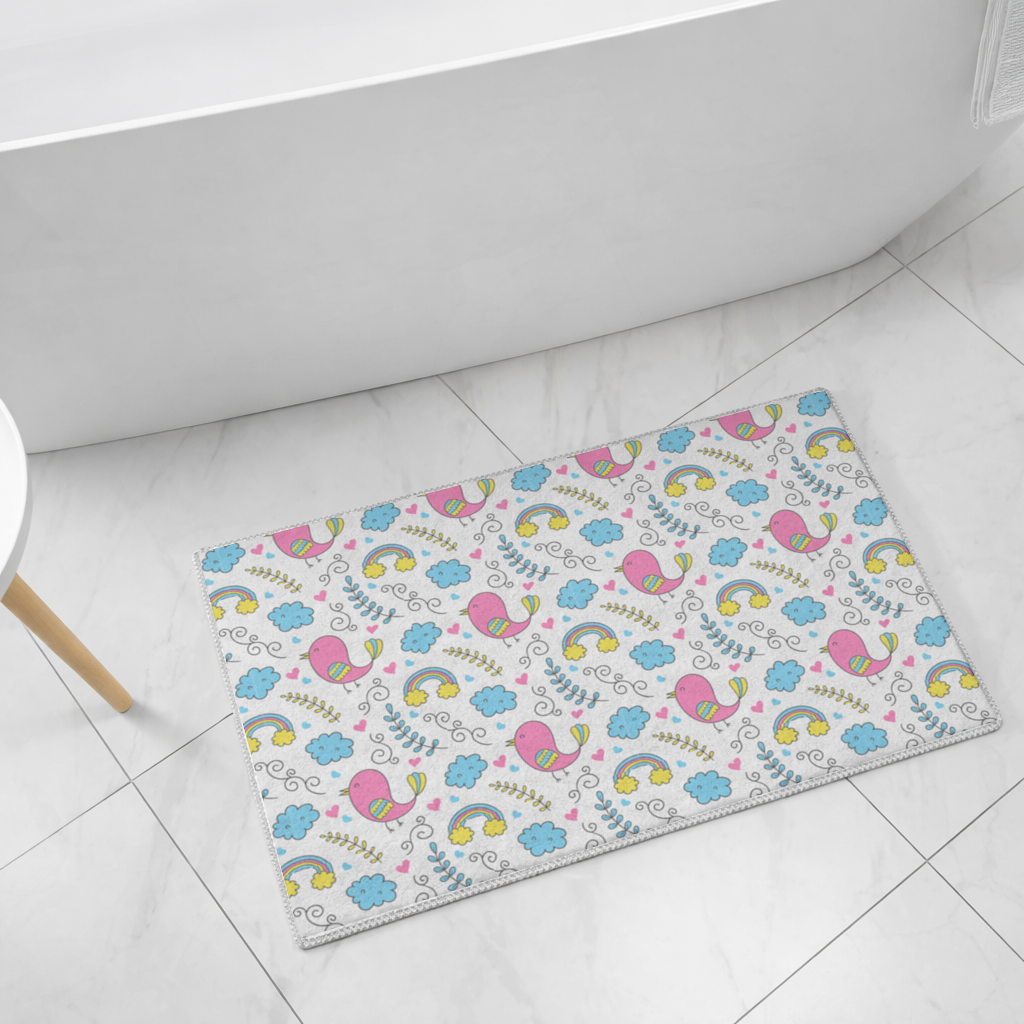 Cute Pink Bird and Rainbow Kids Pattern Bath Mat