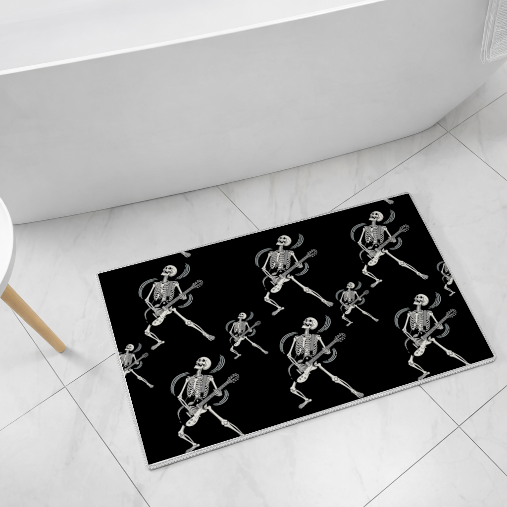 Rock Guitar Playing Skeleton Pattern on Black Bath Mat