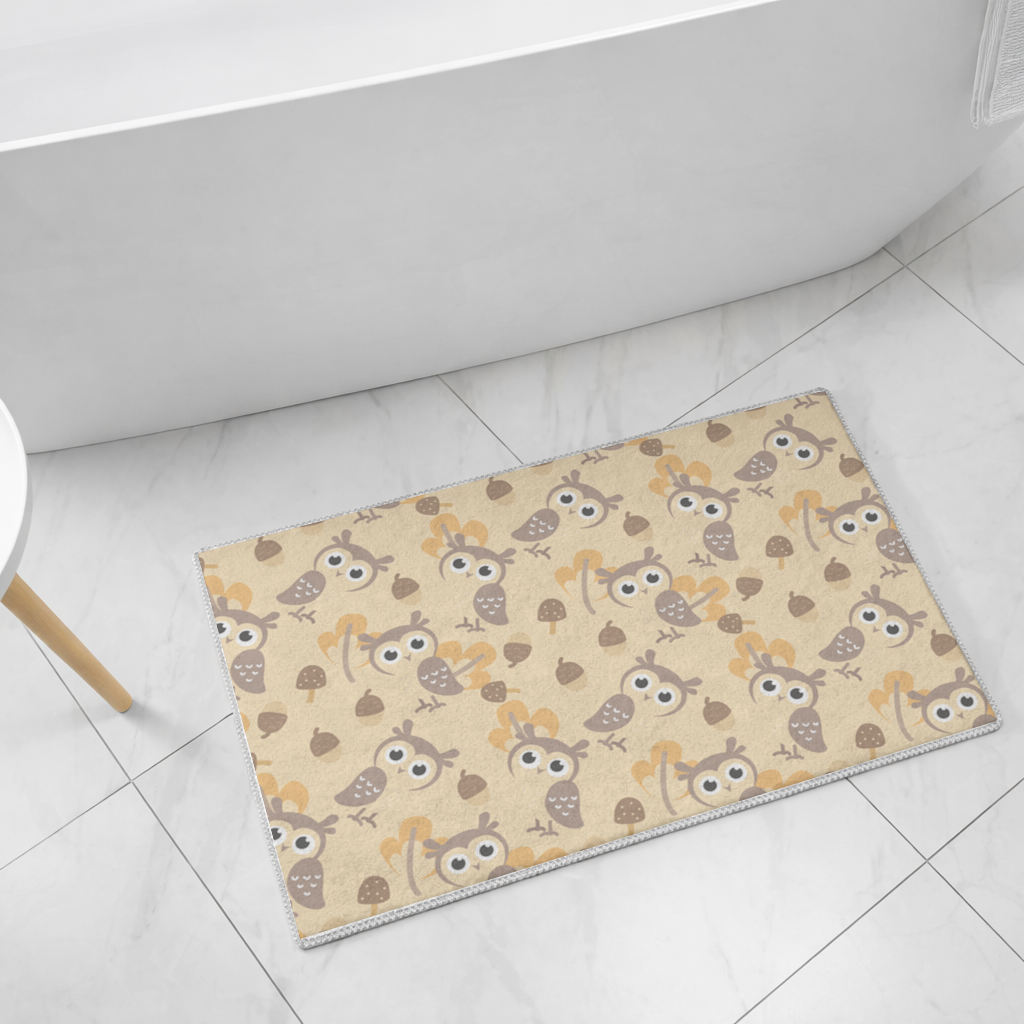 Cute Owl and Acorn Autumn Seamless Pattern Bath Mat