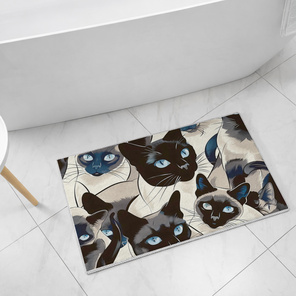 Blue Eyed Siamese Cat Elegant Illustration Pattern Bath Mat