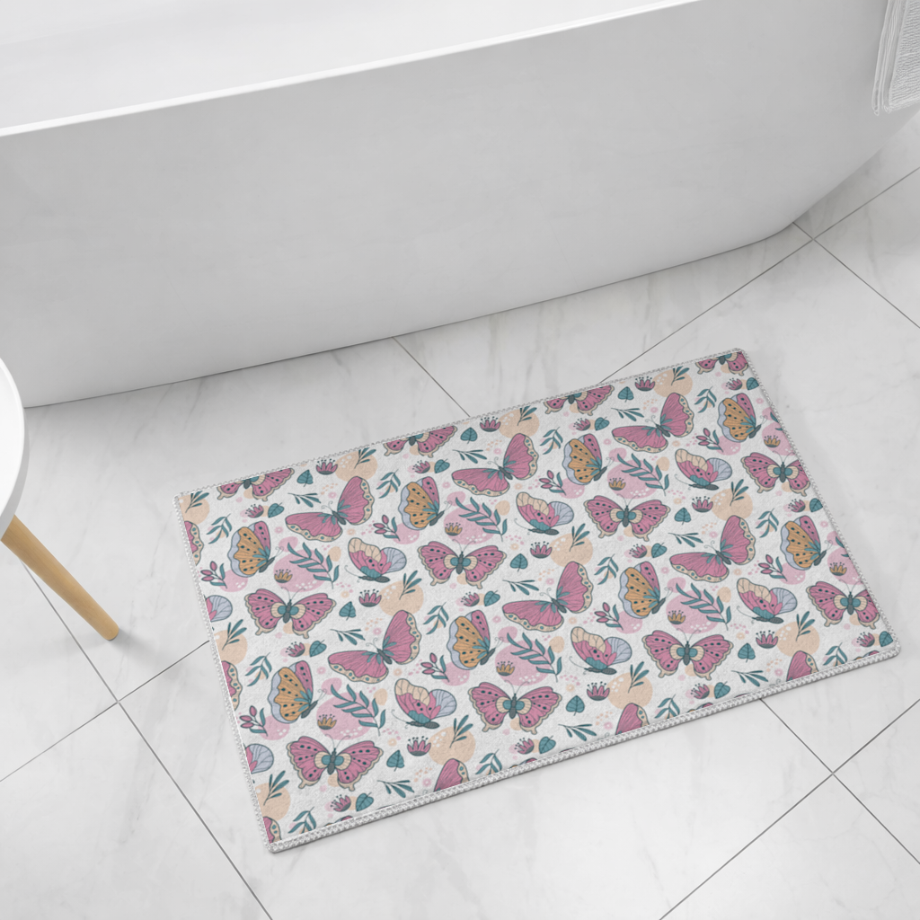 Pastel Butterflies and Botanical Leaves Seamless Pattern Bath Mat