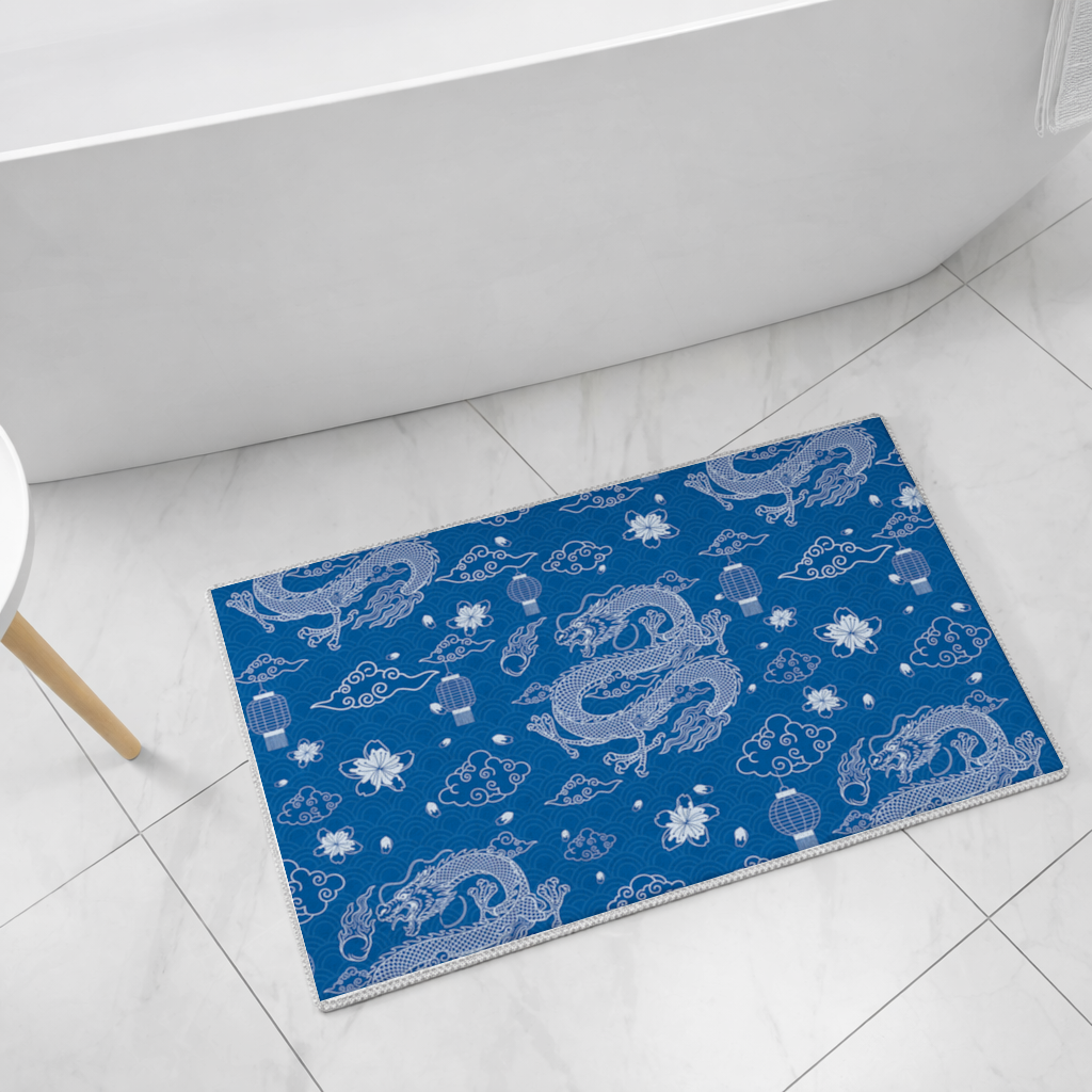 Traditional Dragon Pattern on Blue Background Bath Mat