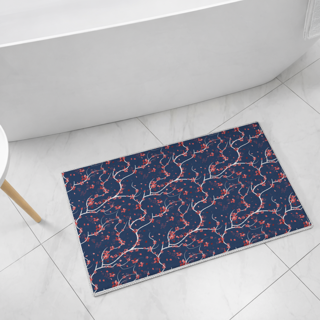 Red Floral Branch Pattern on Navy Background Bath Mat