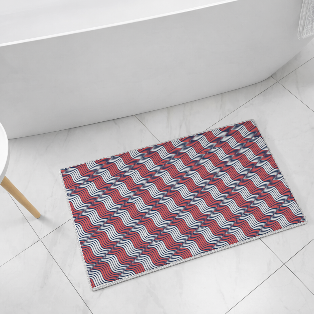 Red and Navy Wavy Line Pattern Bath Mat