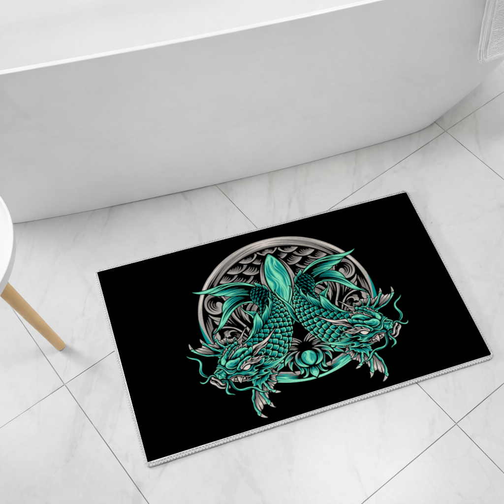 Turquoise Twin Dragon Emblem Design Bath Mat