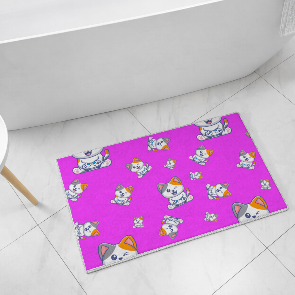 Cute Cartoon Cat Pattern on Pink Background Bath Mat