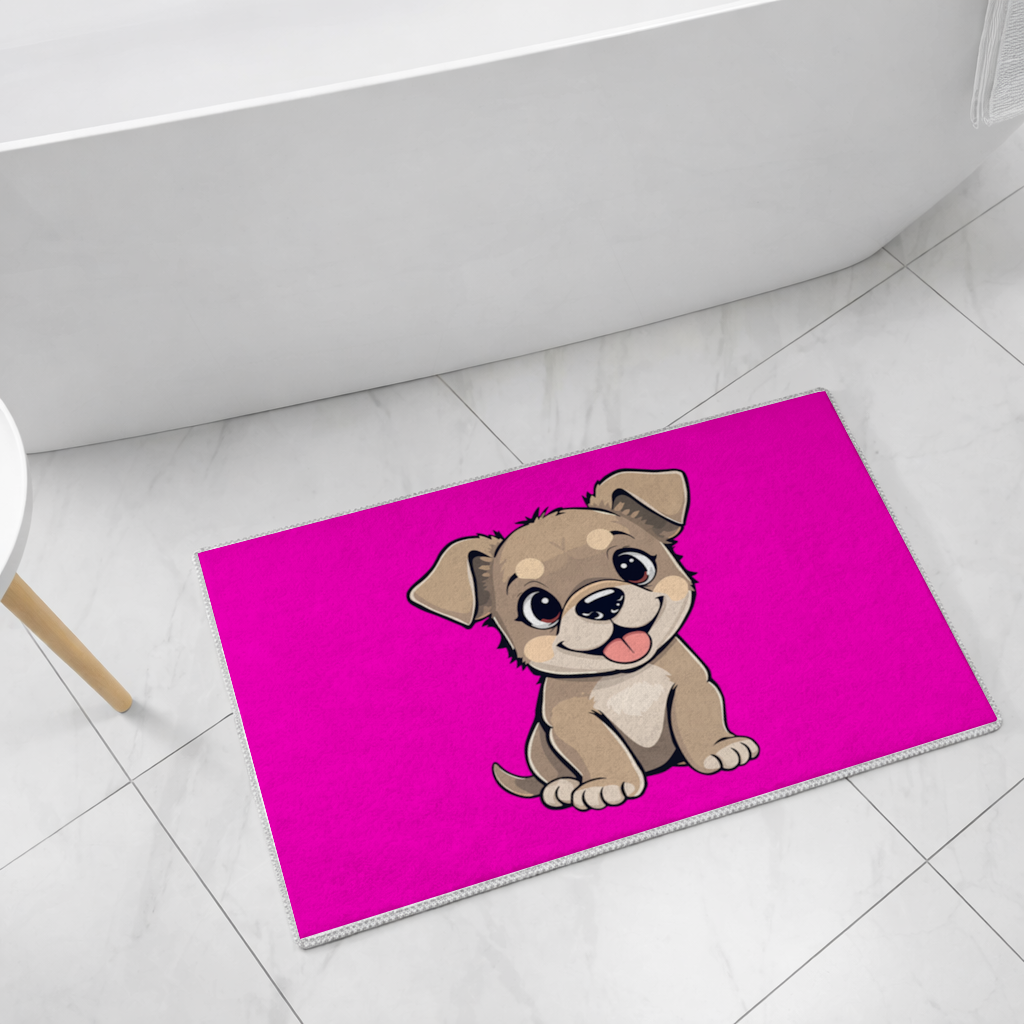 Cute Dog Illustration on Pink Background Bath Mat