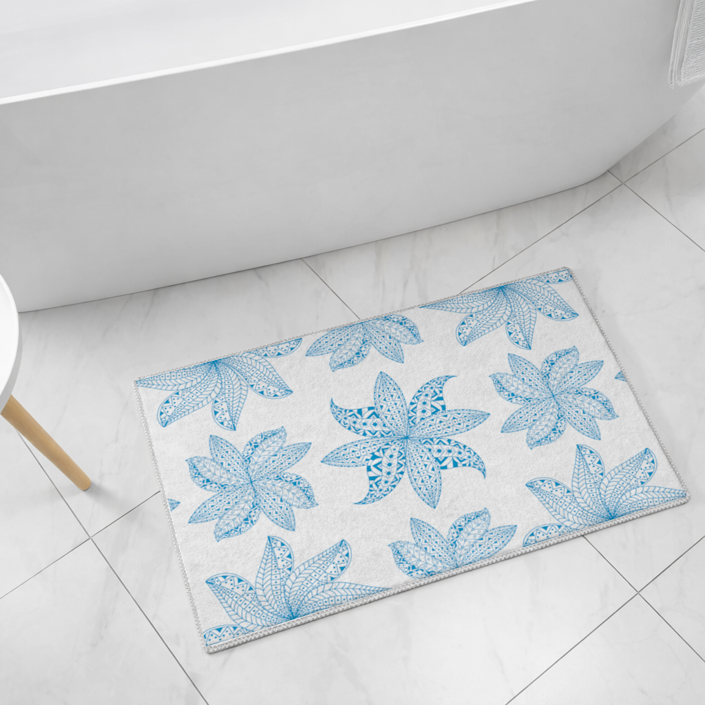 Blue Mandala Floral and Leaf Zentangle Pattern Bath Mat