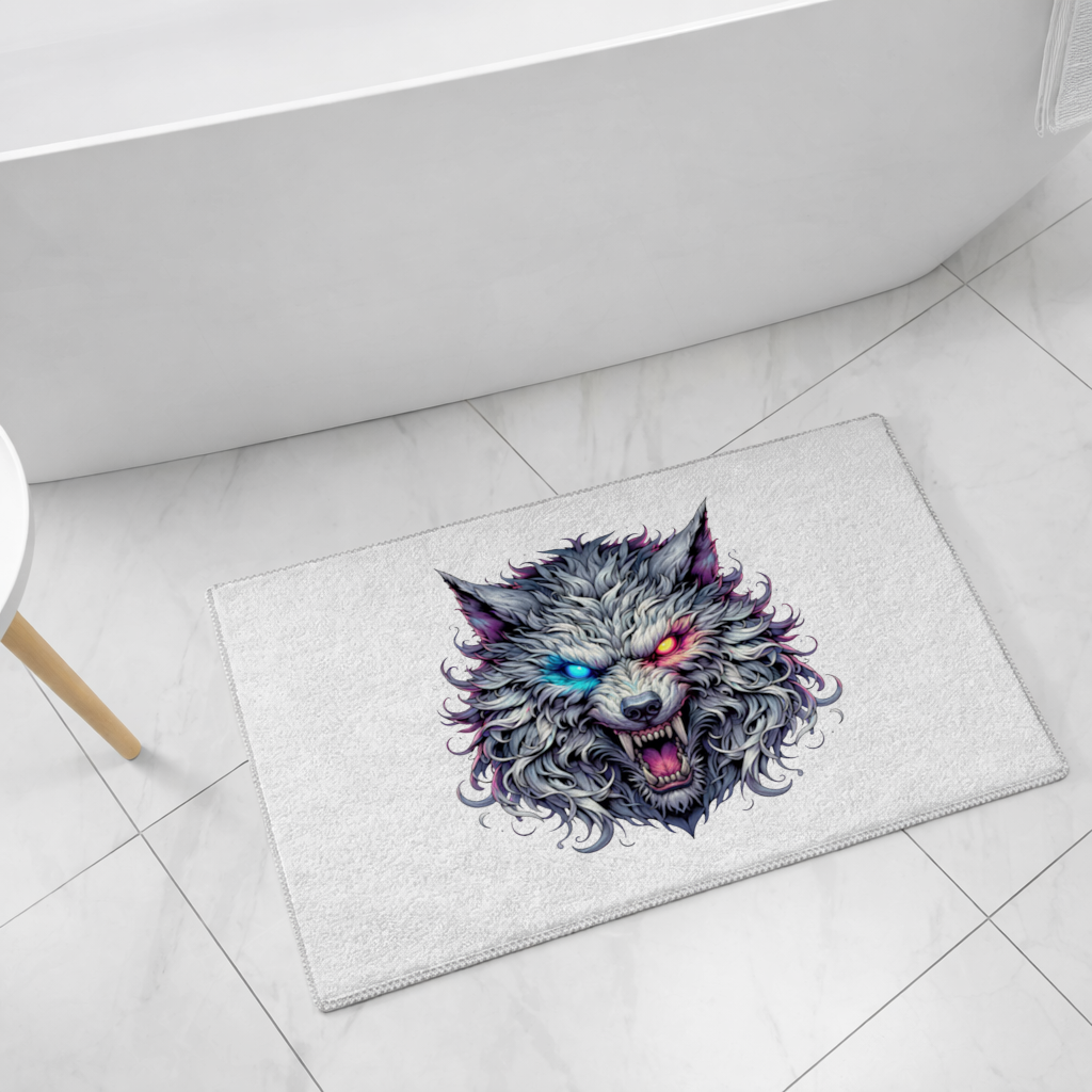 Fierce Wolf Head Illustration Heterochromia Eyes, Savage Wolf Bath Mat