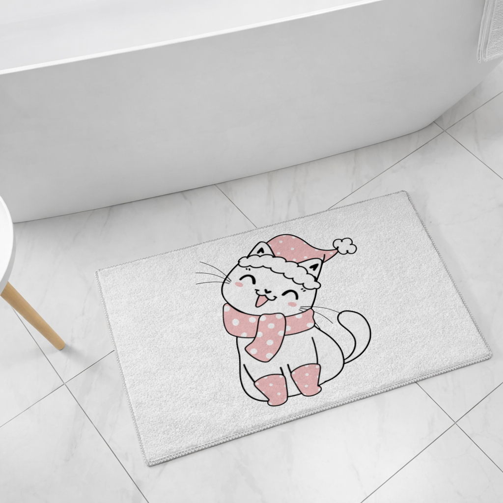 Sevimli Yılbaşı Kedisi Pembe Puantiyeli Çizim Banyo Halısı