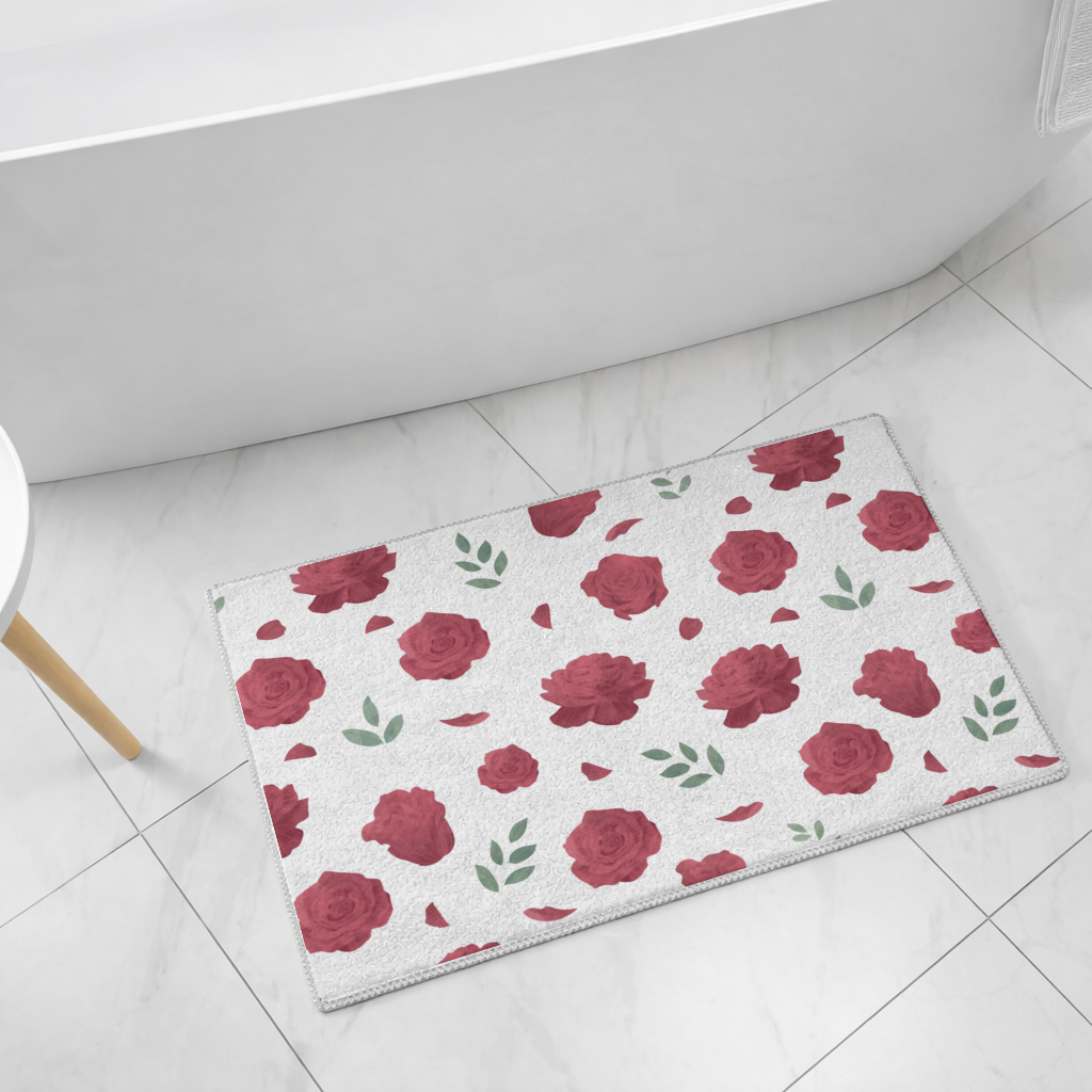 Red Rose and Leaf Romantic Seamless Pattern Bath Mat