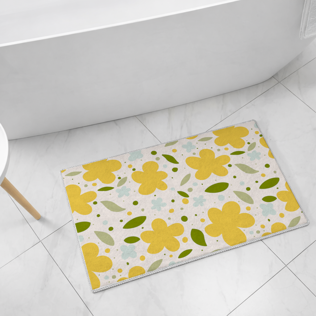 Yellow Floral and Leaf Boho Seamless Pattern Bath Mat