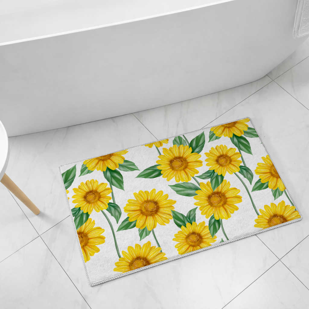 Vibrant Yellow Sunflower and Green Leaf Pattern Illustration Bath Mat