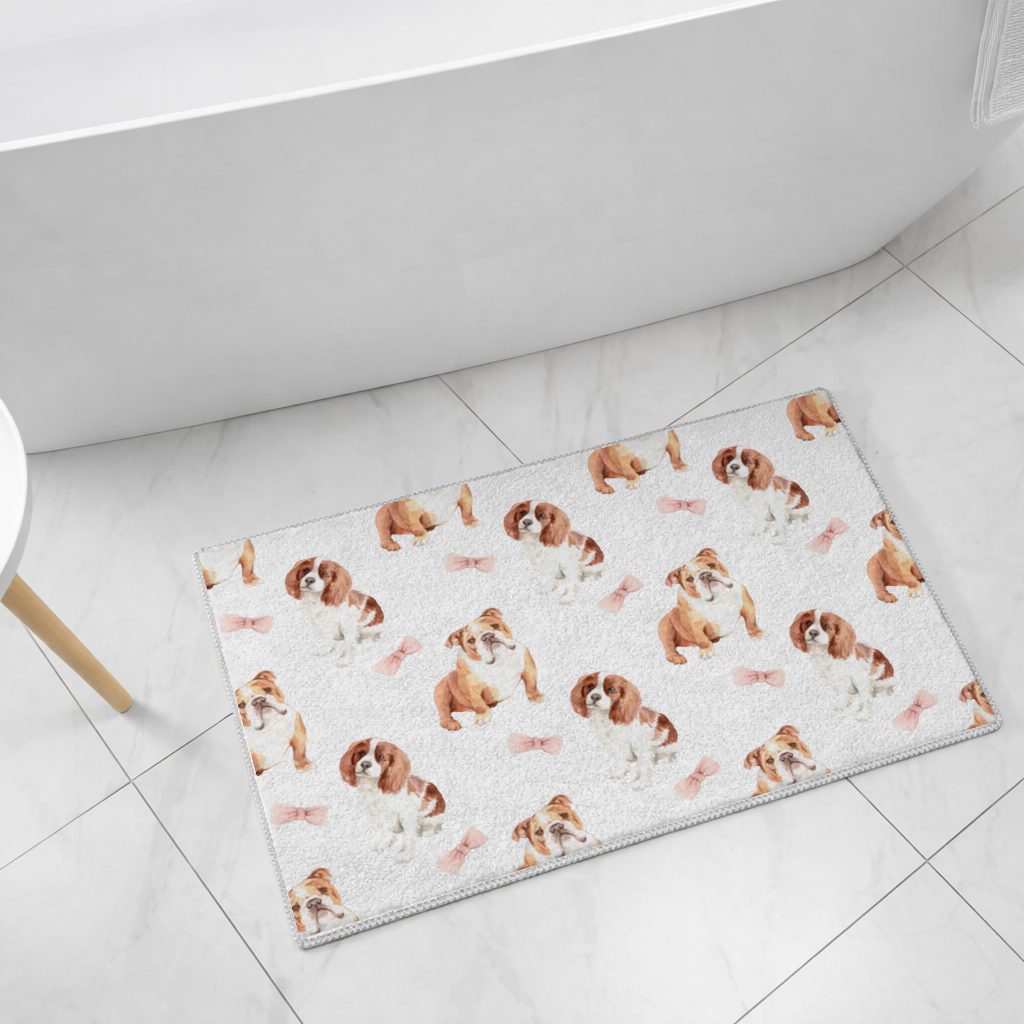 Watercolor English Bulldog and Cavalier Puppy Pattern Bath Mat