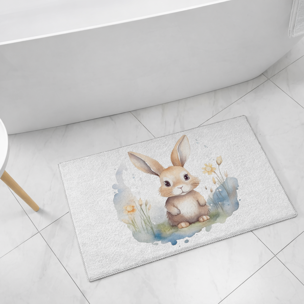 Cute Bunny Watercolor Illustration Bath Mat