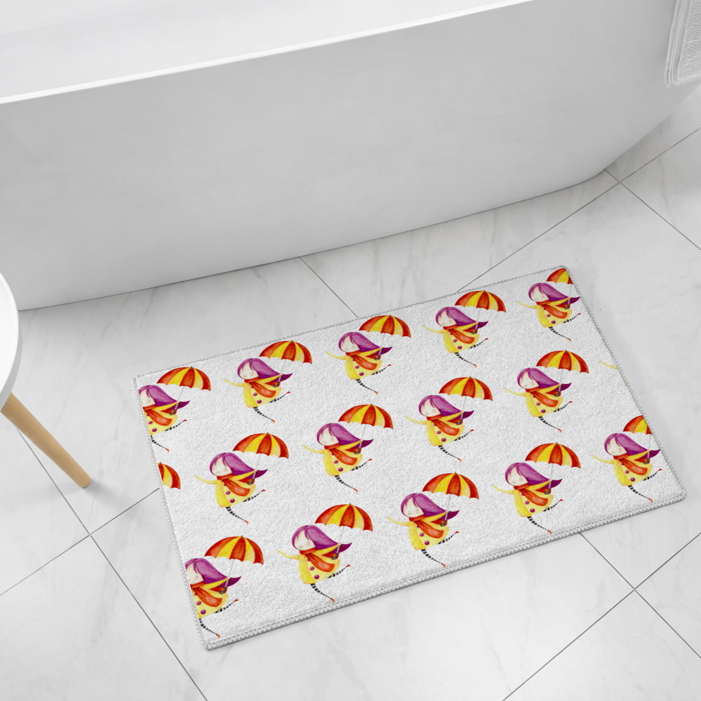 Cheerful Girl with Umbrella Bath Mat