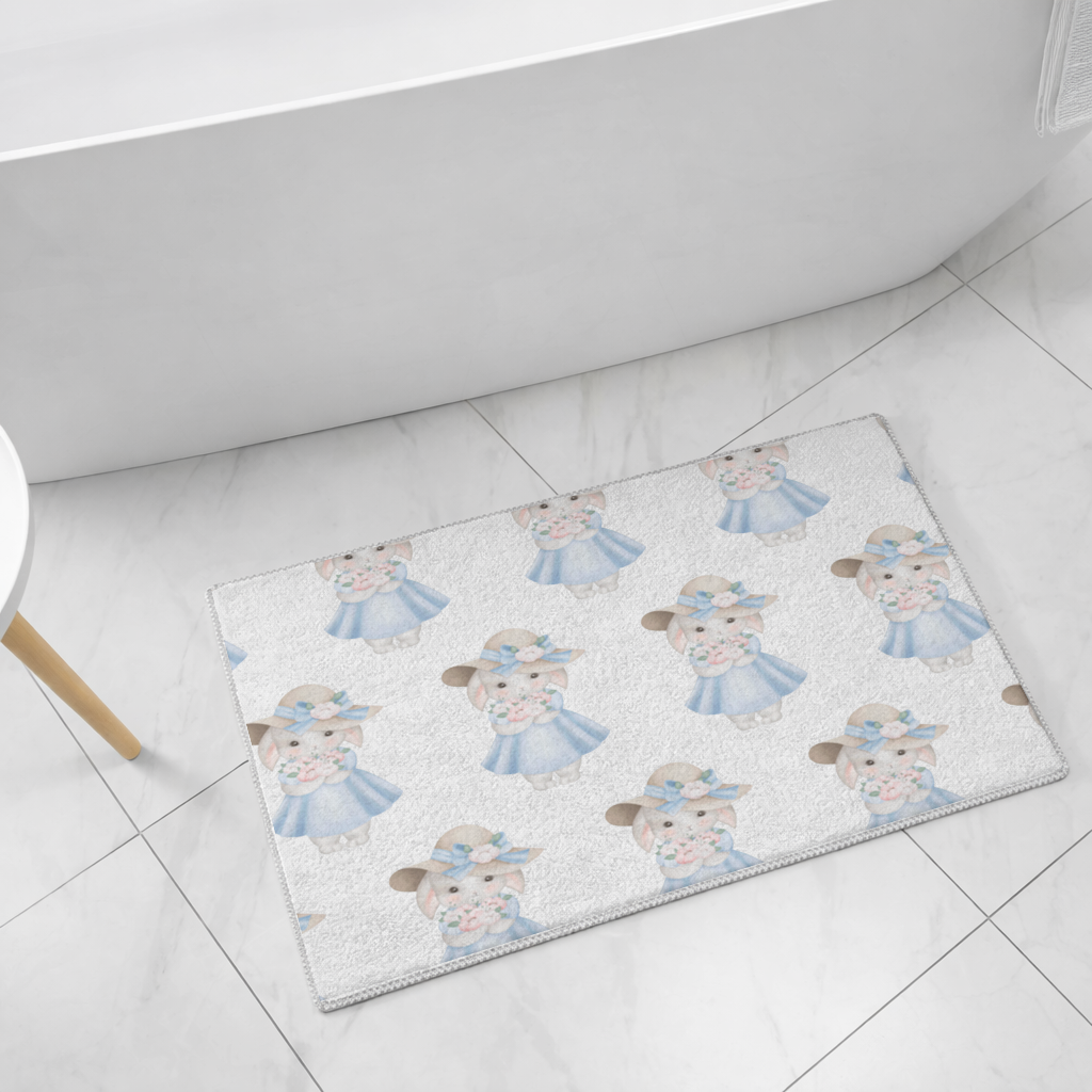 Cute Bunny with Hat Holding Flowers Bath Mat